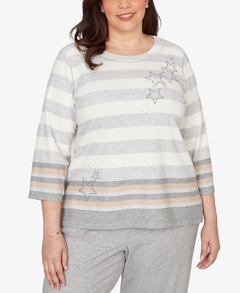 Alfred Dunner Plus Comfort & Joy Star Stripe Embellished Crewneck Top