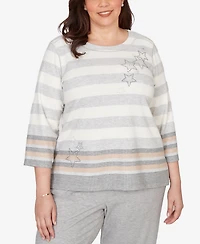Alfred Dunner Plus Comfort & Joy Star Stripe Embellished Crewneck Top