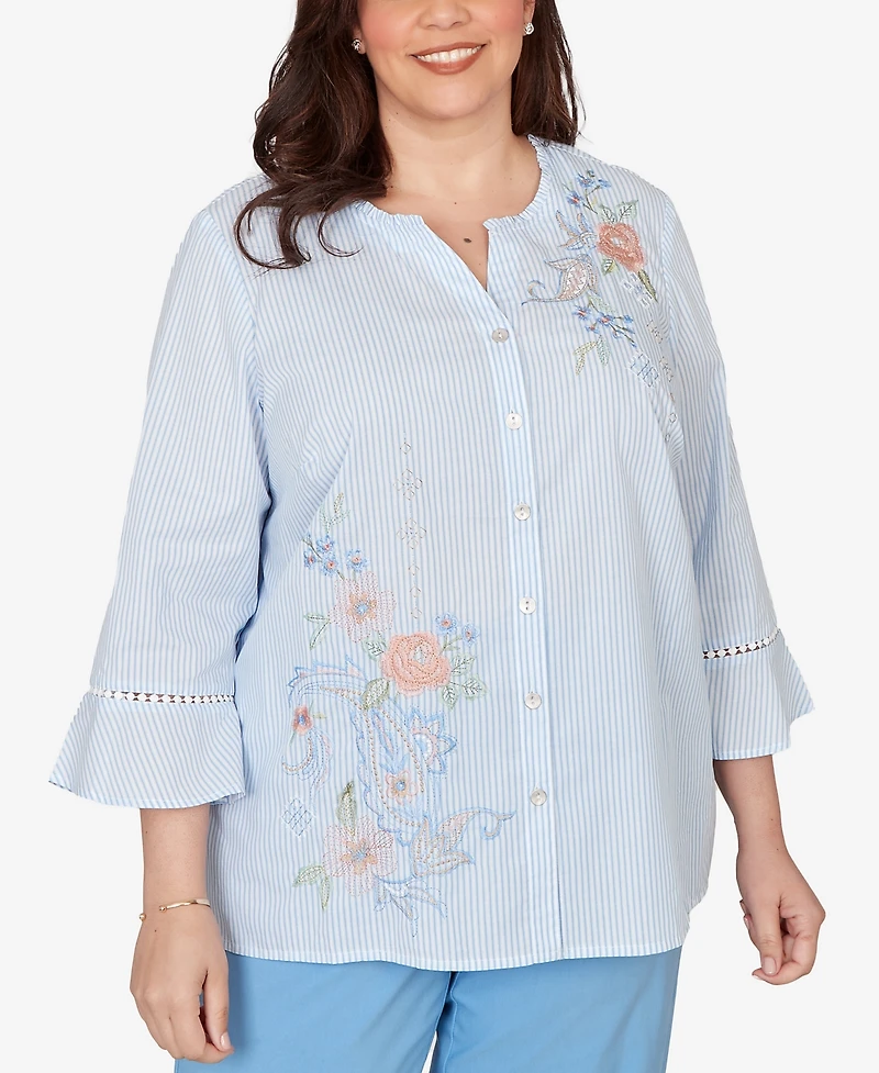 Alfred Dunner Plus St. Augustine Striped Floral Embroidered Button Down Top
