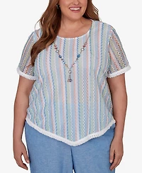 Alfred Dunner Plus Caribbean Blues Textured Stripe T-Shirt with Necklace