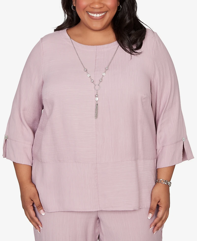 Alfred Dunner Plus Vintage Charm Textured Spliced Rose Top with Necklace