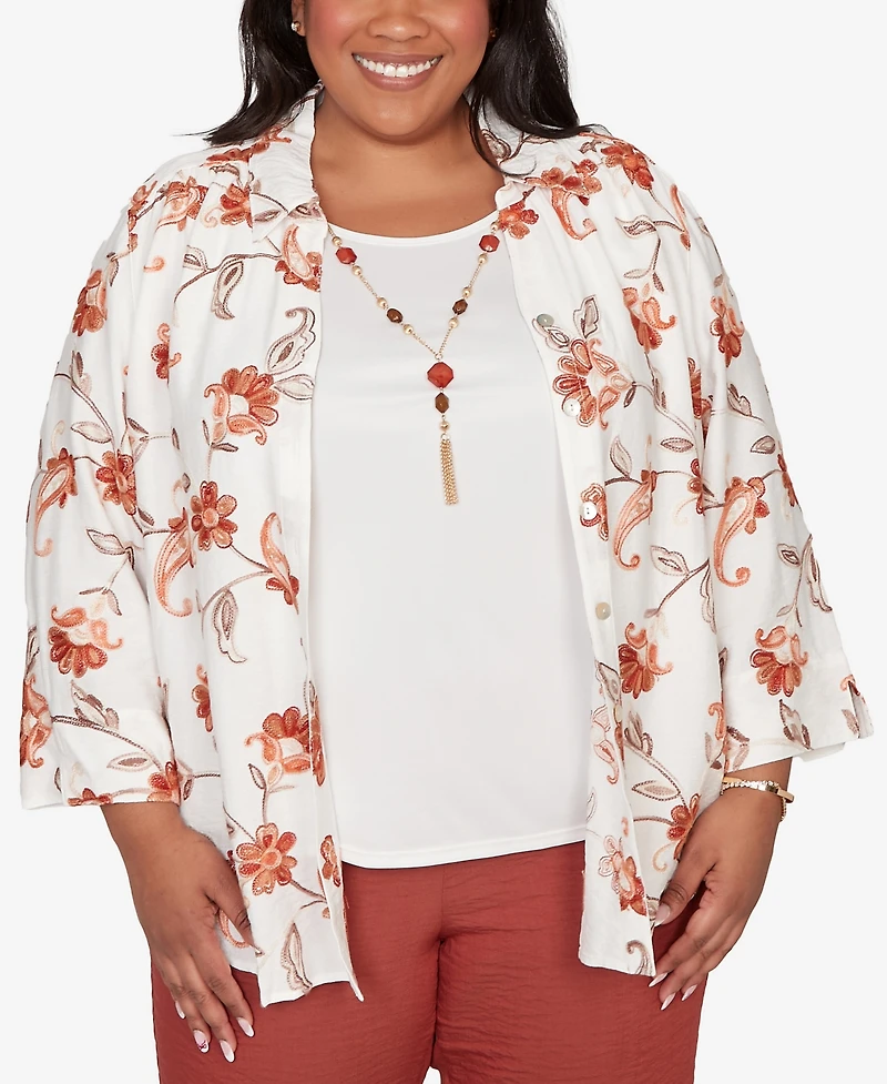 Alfred Dunner Plus Spice Market Paisley Floral Collared Two One Top with Necklace