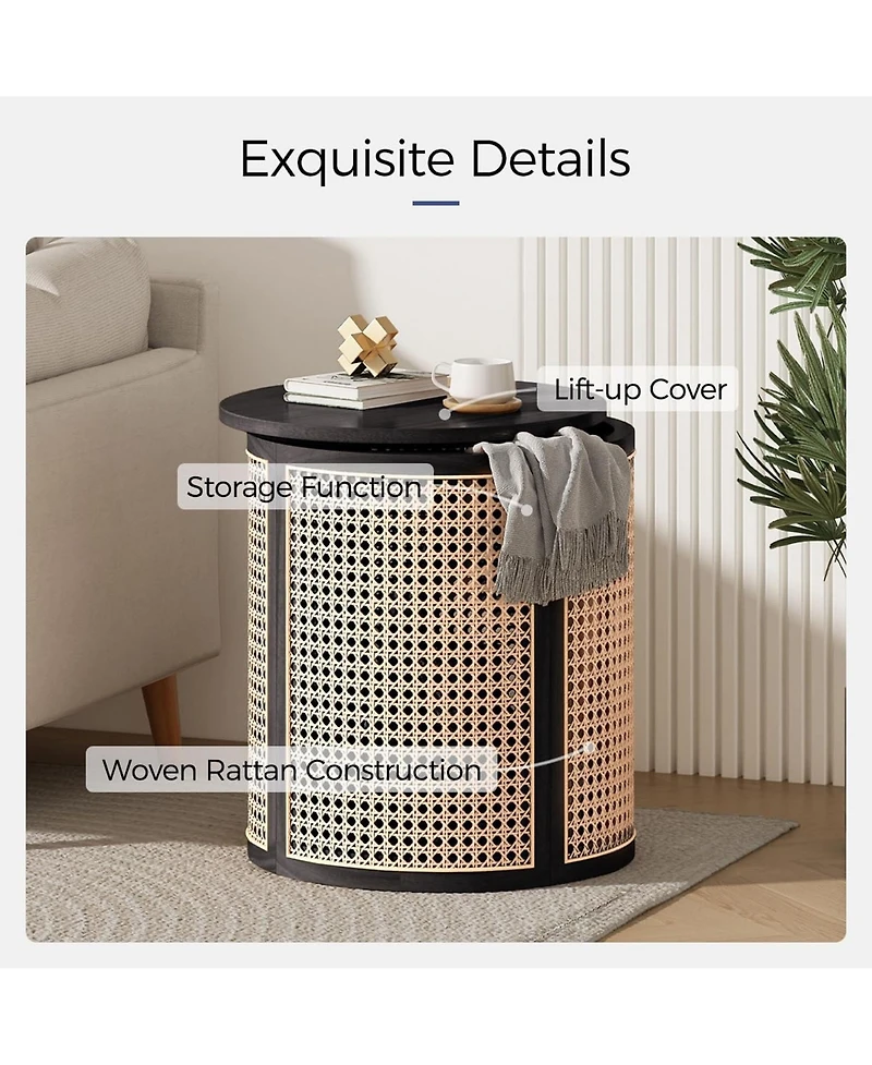 Rainsken Round Solid Wood Nightstand, Hollow Woven Bedside Table, Compact Accent End Table for Living Room, Bedroom, Home Office