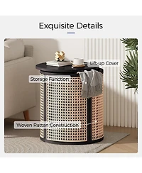 Rainsken Round Solid Wood Nightstand, Hollow Woven Bedside Table, Compact Accent End Table for Living Room, Bedroom, Home Office