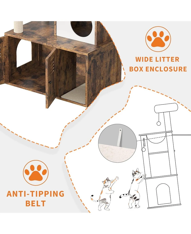 gaomon Litter Box Enclosure with Tree Tower and Condo, Wooden Cat Scratching Posts, Hammock, Hidden Furniture,