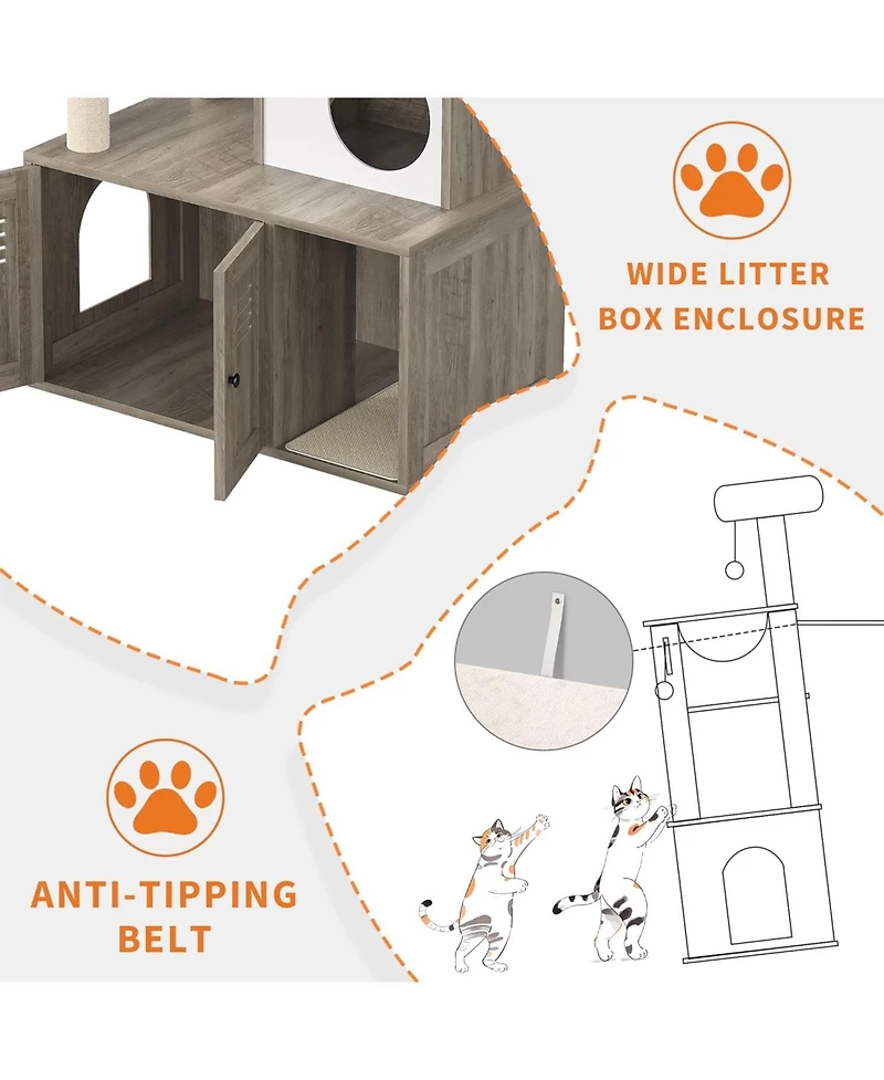 gaomon Litter Box Enclosure with Tree Tower and Condo, Wooden Cat Tower with Scratching Posts, Cat Hammock, Hidden Litter Box Furniture, Wooden
