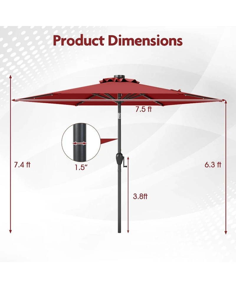 Gouun 7.5 ft Solar Powered Patio Umbrella with 18 Led Lights Push-Button Tilt and Crank