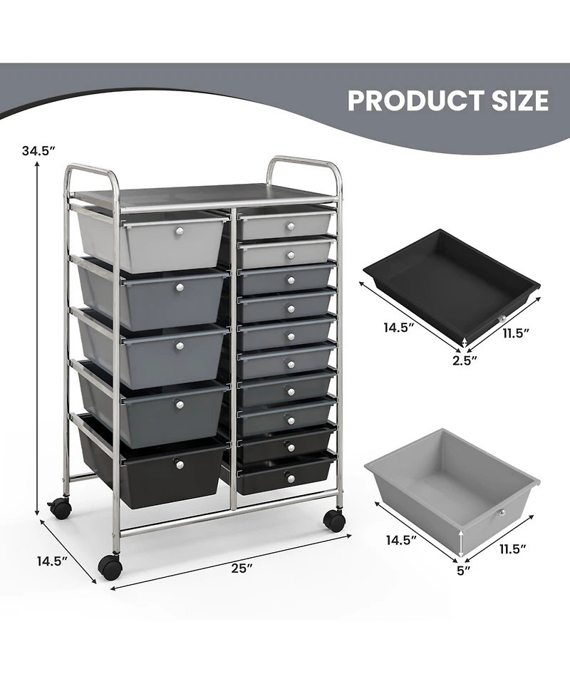 Gouun 15-Drawer Rolling Utility Cart with Chrome Frame and Mixed Drawer Sizes