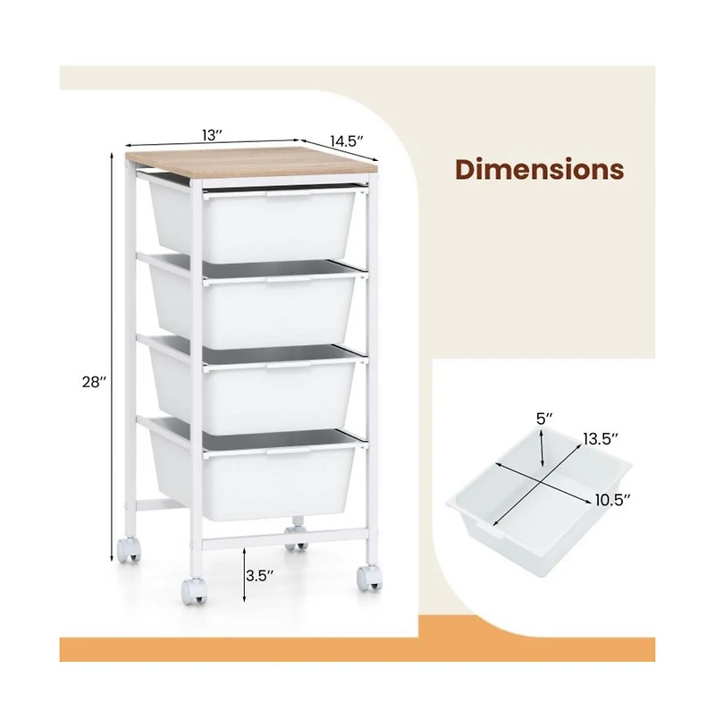 Gouun 4-Drawer Rolling Storage Cart with Wooden Tabletop