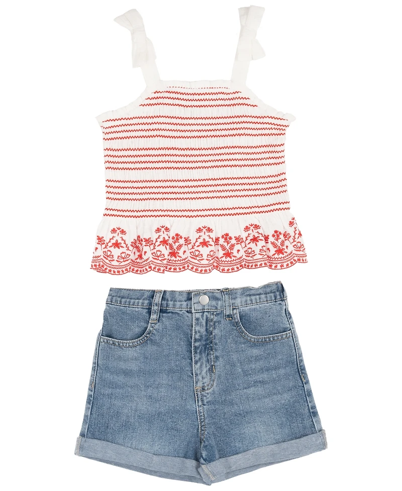 Rare Editions Girls' 2T-6X Smocked Ruffle Tank with Embroidery and Denim Shorts, 2-Piece Set