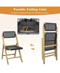 Gymax 2PCS Folding Chairs w/ Woven Rope Seat and High Back Indonesia Teak Patio