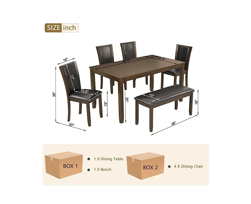 sumyeg 6-Piece Dark Walnut Farmhouse Dining Set with Wood Table Bench and Chairs