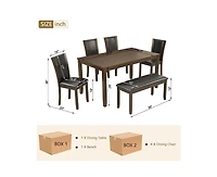 sumyeg 6-Piece Dark Walnut Farmhouse Dining Set with Wood Table Bench and Chairs