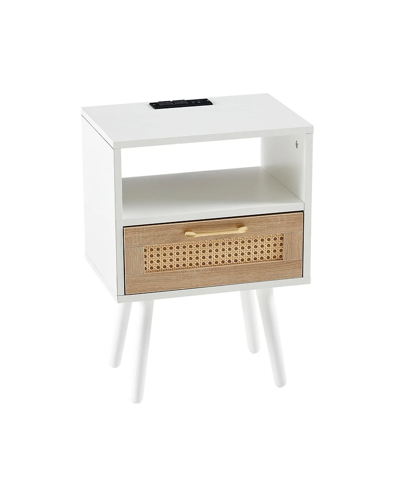 sumyeg Modern Rattan End Table with Power Outlet Usb Ports Drawer Solid Wood Legs