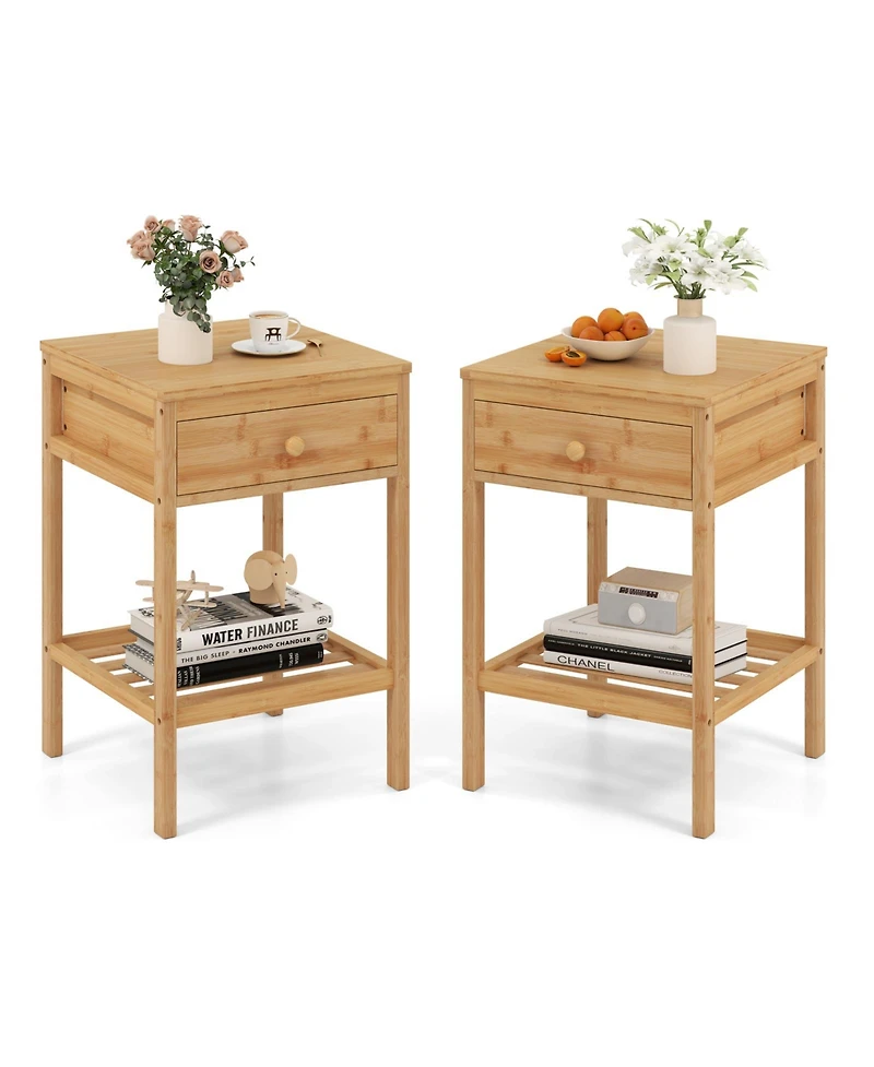 sumyeg Set of 1/2 Bamboo Nightstand Bedside Table with Storage Drawer and Open Shelf-2 pieces