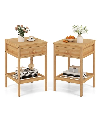 sumyeg Set of 1/2 Bamboo Nightstand Bedside Table with Storage Drawer and Open Shelf-2 pieces