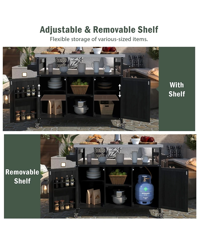 sumyeg Outdoor Kitchen Island and Rolling Bar Cart, Farmhouse Solid Wood Grill Table with Stainless Steel Top, Spice Rack and Towel Rack