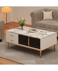 homfan Modern Faux Marble Coffee Table with Storage, 4 Drawers, 2 Glass Doors, Fluted Design, Adjustable Legs