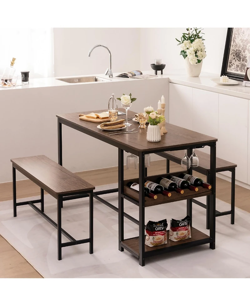 Gymax 3PCS Rustic Kitchen Dining Set Includes Storage Rack w/ Rectangular Table and 2 Benches