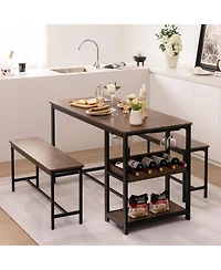 Gymax 3PCS Rustic Kitchen Dining Set Includes Storage Rack w/ Rectangular Table and 2 Benches
