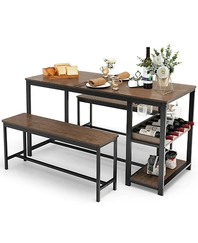 Gymax 3PCS Rustic Kitchen Dining Set Includes Storage Rack w/ Rectangular Table and 2 Benches
