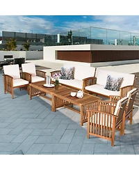 Gymax 8PCS Wooden Patio Conversation Set Outdoor Furniture Set w/ Cushions Turquoise