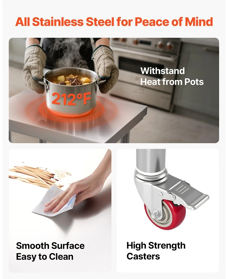 Gouun Stainless Steel Prep Table on Wheels with Adjustable Undershelf, 24 x 18 x 34 in