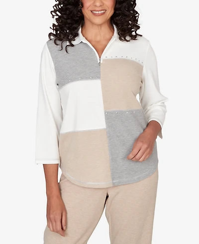 Alfred Dunner Women's Comfort & Joy Colorblock Quarter Zip Patchwork Top
