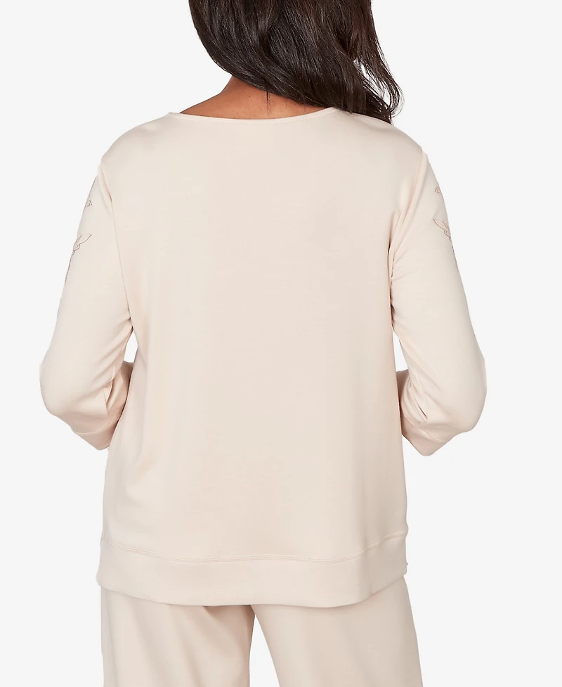 Alfred Dunner Women's Seville Floral Embroidered Beaded Split Neck Top