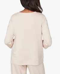 Alfred Dunner Women's Seville Floral Embroidered Beaded Split Neck Top