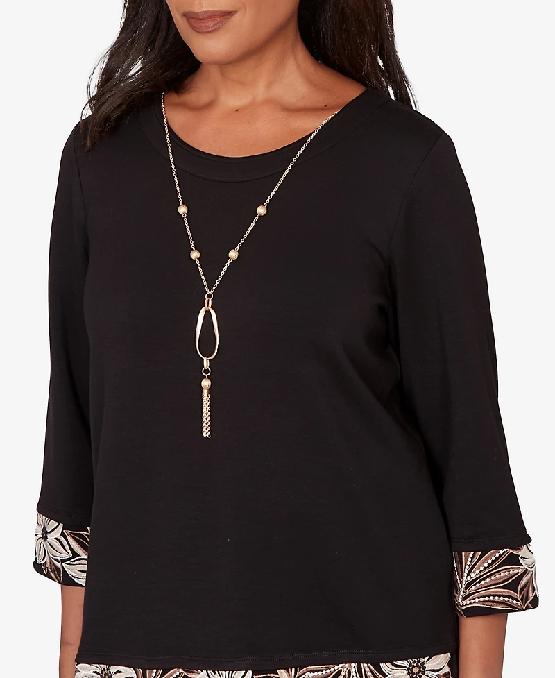 Alfred Dunner Women's Seville Bold Floral Border Trim Top with Necklace