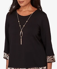 Alfred Dunner Women's Seville Bold Floral Border Trim Top with Necklace