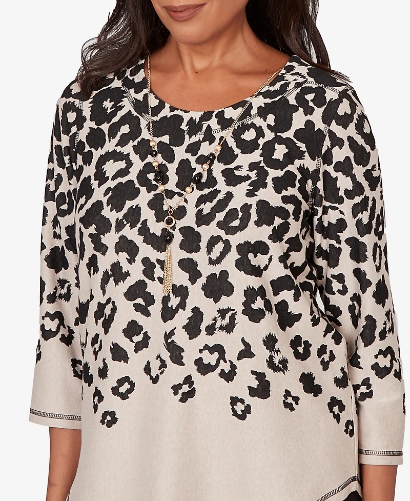 Alfred Dunner Women's Seville Animal Print Crewneck Top with Necklace
