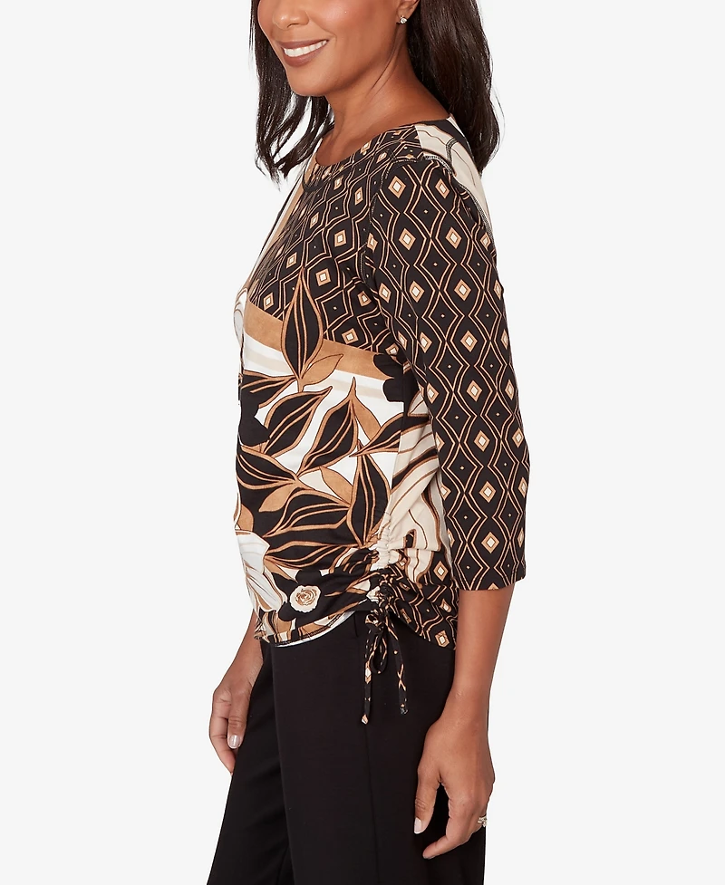 Alfred Dunner Women's Seville Floral Geometric Patchwork Side- Tie Crewneck Top