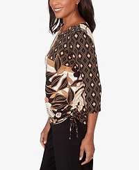 Alfred Dunner Women's Seville Floral Geometric Patchwork Side- Tie Crewneck Top