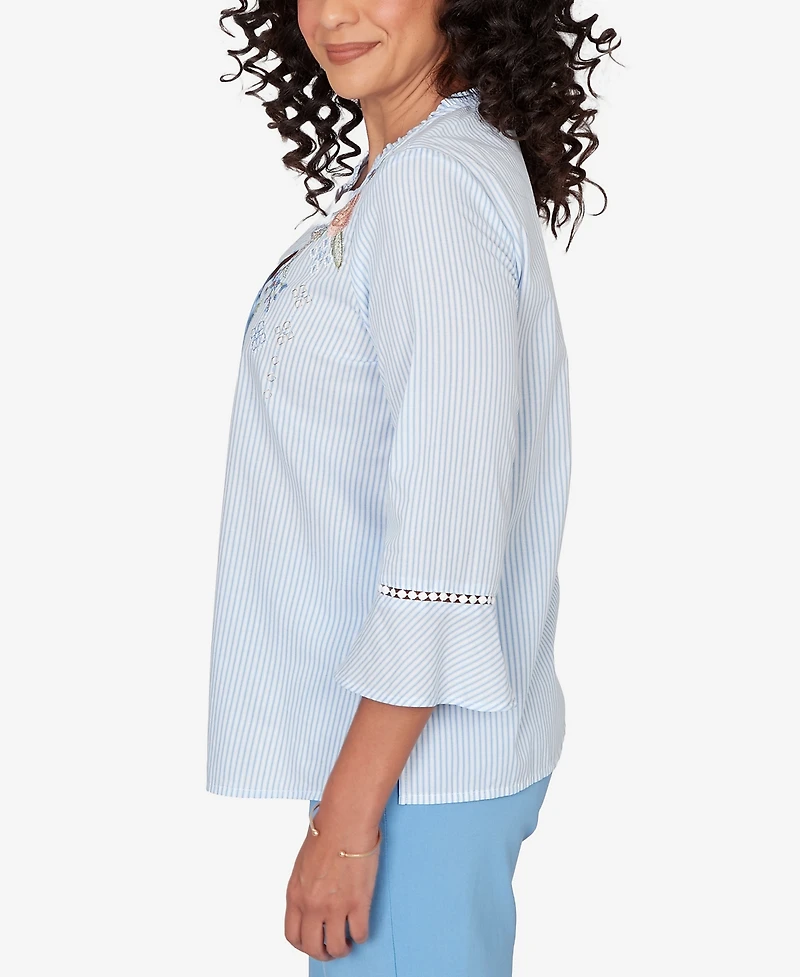 Alfred Dunner Women's St. Augustine Striped Floral Embroidered Button-Down Top
