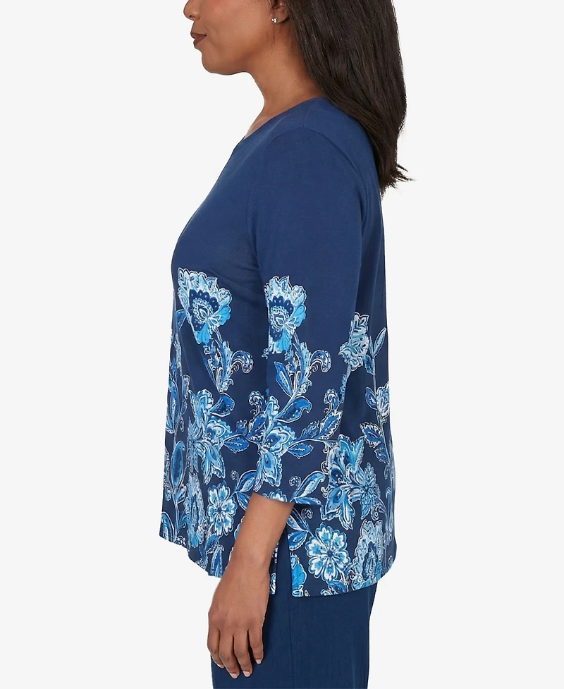 Alfred Dunner Women's Mykonos Asymmetrical Floral Split Beaded Neck Top