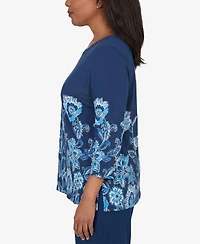 Alfred Dunner Women's Mykonos Asymmetrical Floral Split Beaded Neck Top