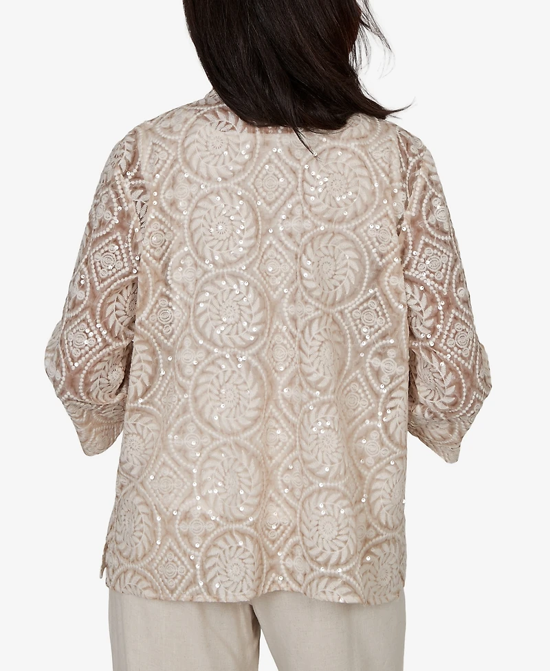 Alfred Dunner Women's Natural Wonder Sequin Medallion Two One Collar Top