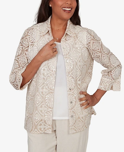 Alfred Dunner Women's Natural Wonder Sequin Medallion Two One Collar Top
