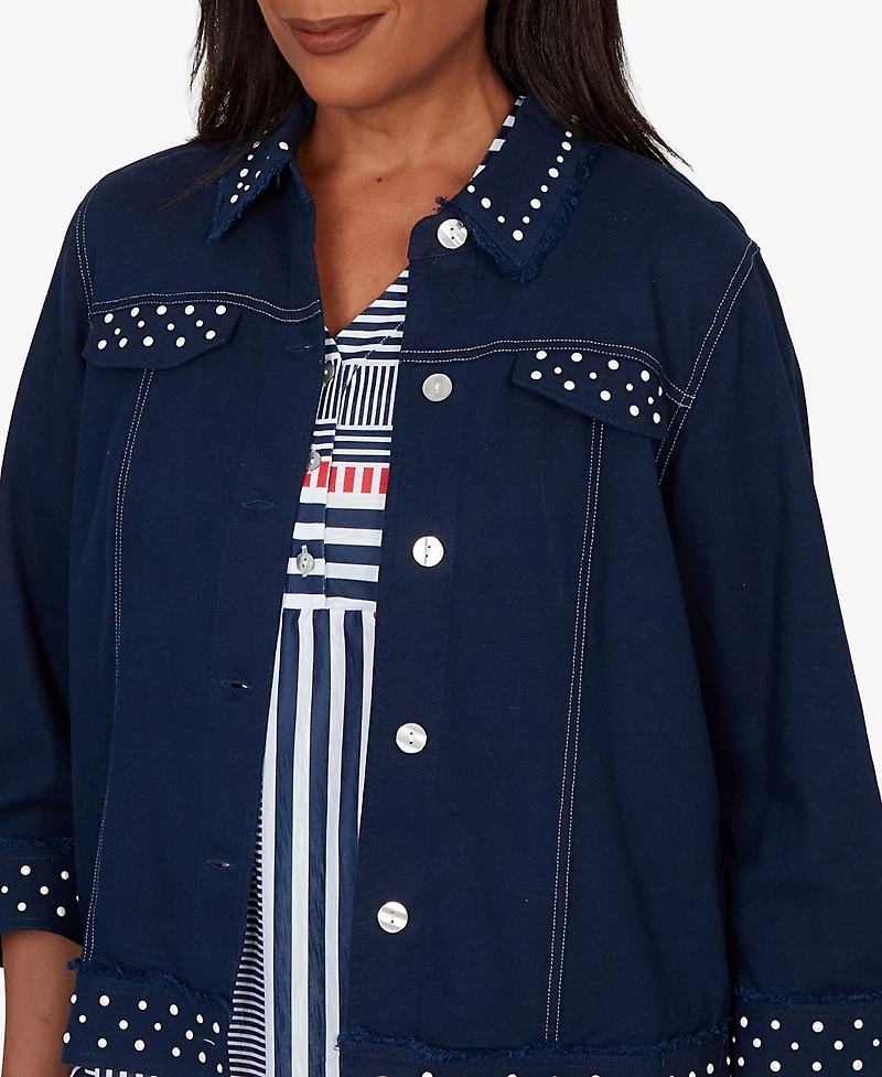 Alfred Dunner Women's Port Side Cultivated Pearl Trim Denim Jacket