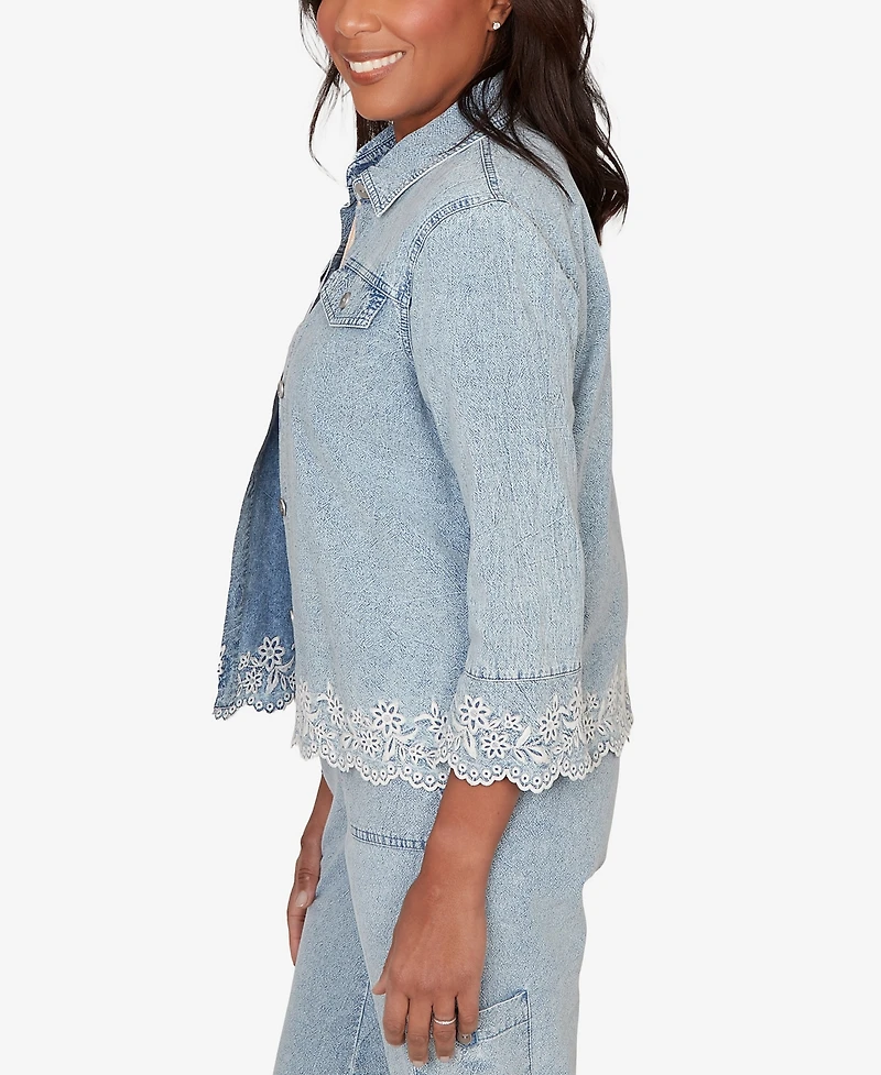 Alfred Dunner Women's Out of the Blue Floral Embroidered Scallop Trim Jacket