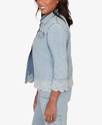 Alfred Dunner Women's Out of the Blue Floral Embroidered Scallop Trim Jacket