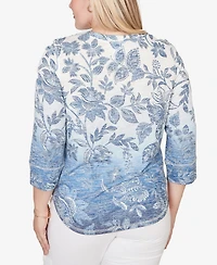 Alfred Dunner Women's Out of the Blue Ombre Batik Floral Henley V-neck Top