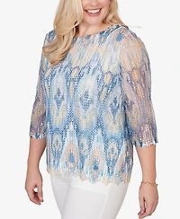 Alfred Dunner Women's Out of the Blue Dramatic Ikat Scallop Trim Crewneck Top