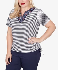 Alfred Dunner Women's Lady Liberty Embroidered Neck Striped Side Tie Top