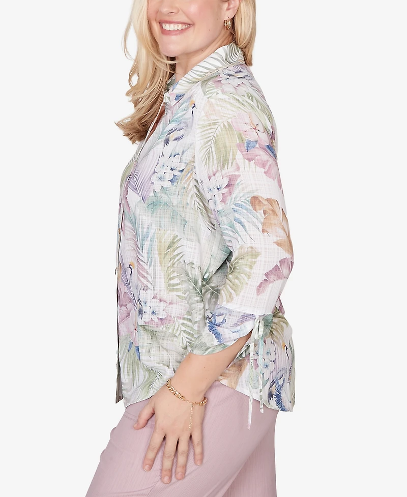 Alfred Dunner Women's Vintage Charm Tropical Button Front Tie Sleeve Top