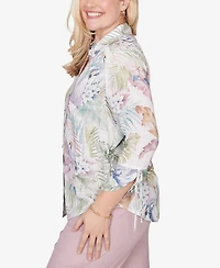 Alfred Dunner Women's Vintage Charm Tropical Button Front Tie Sleeve Top