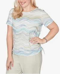 Alfred Dunner Women's Vintage Charm Wavy Biadere Side-Tie Ruched Crewneck T-shirt