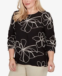 Alfred Dunner Women's Detail Driven Flower Soutache 3/4-Sleeve Top